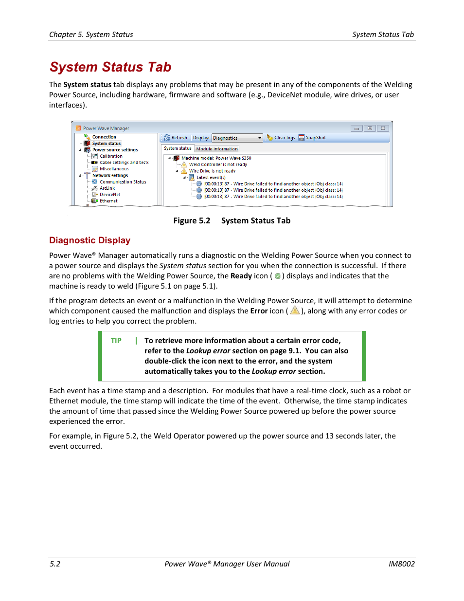 System status tab, Diagnostic display, E 5.2) | Lincoln Electric IM8002 POWER WAVE MANAGER User Manual | Page 32 / 128