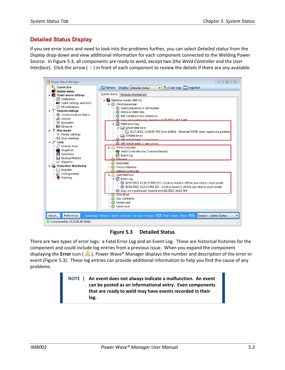 Detailed status display | Lincoln Electric IM8002 POWER WAVE MANAGER User Manual | Page 33 / 128