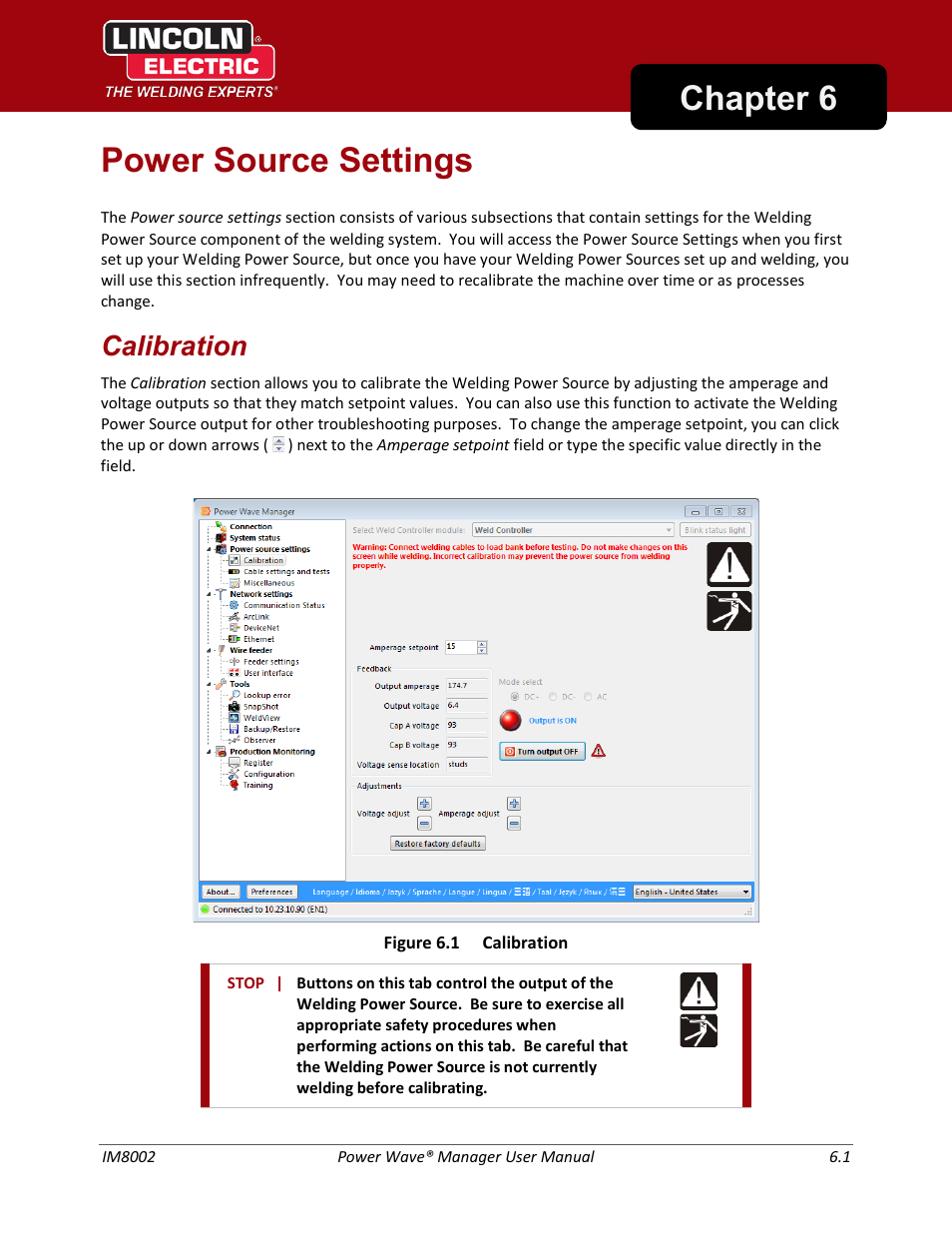 Power source settings, Calibration, Chapter 6 power source settings | Lincoln Electric IM8002 POWER WAVE MANAGER User Manual | Page 35 / 128