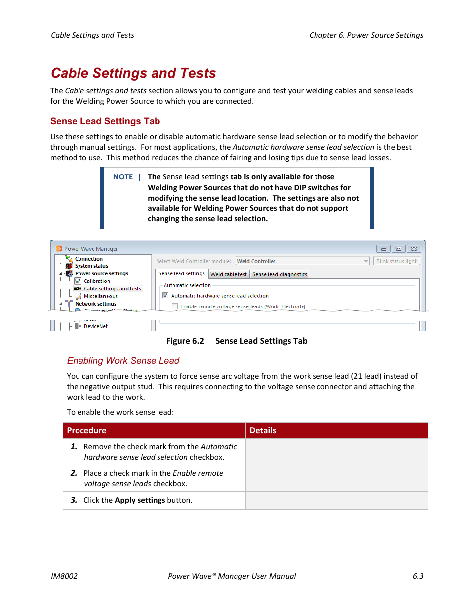 Cable settings and tests, Sense lead settings tab | Lincoln Electric IM8002 POWER WAVE MANAGER User Manual | Page 37 / 128