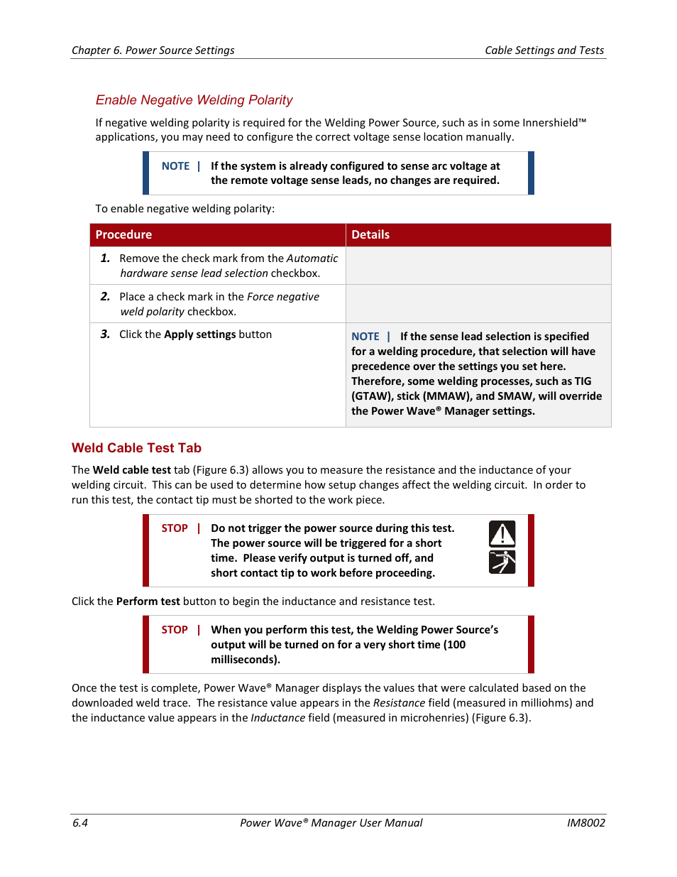 Weld cable test tab | Lincoln Electric IM8002 POWER WAVE MANAGER User Manual | Page 38 / 128