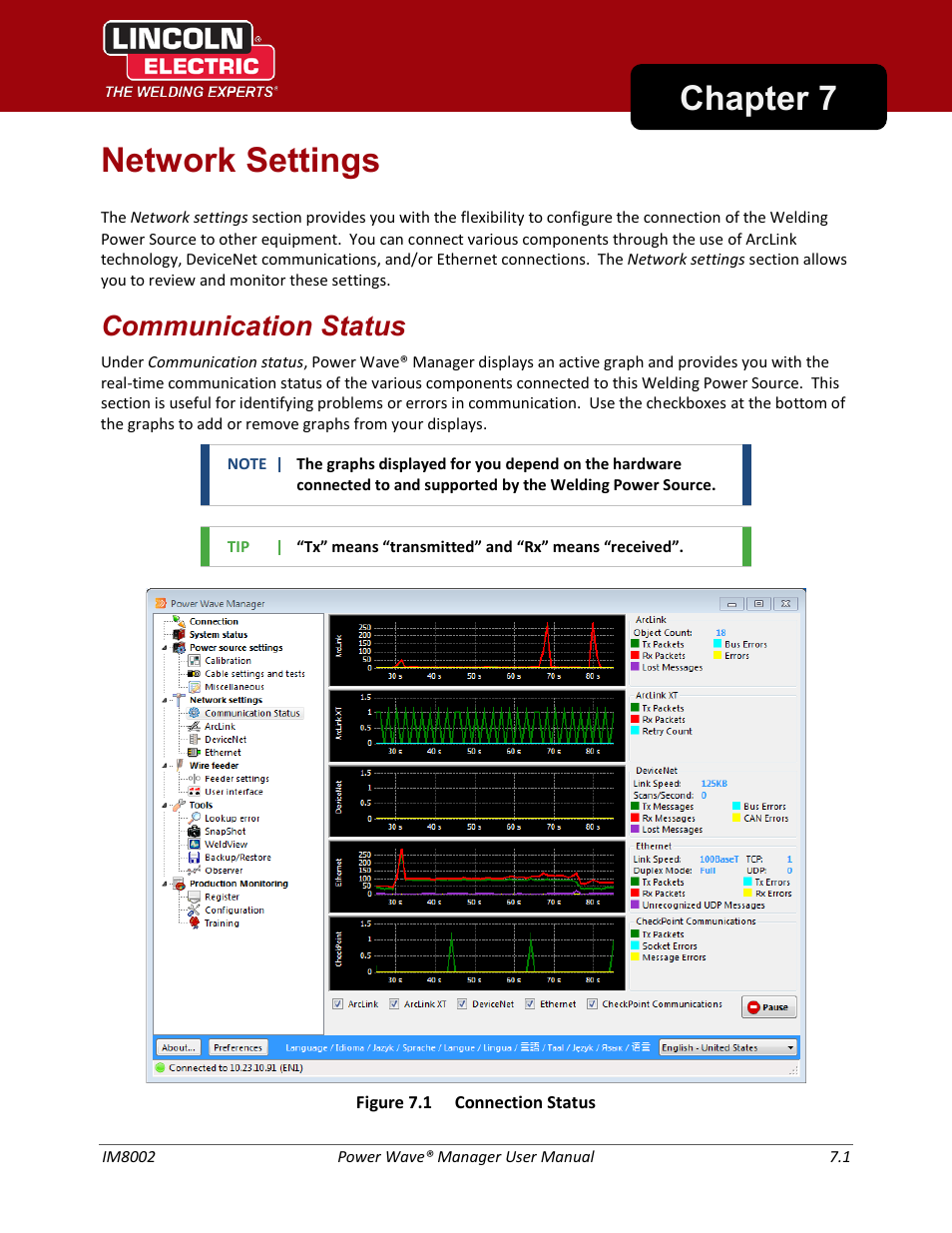 Network settings, Communication status, Chapter 7 network settings | Lincoln Electric IM8002 POWER WAVE MANAGER User Manual | Page 43 / 128