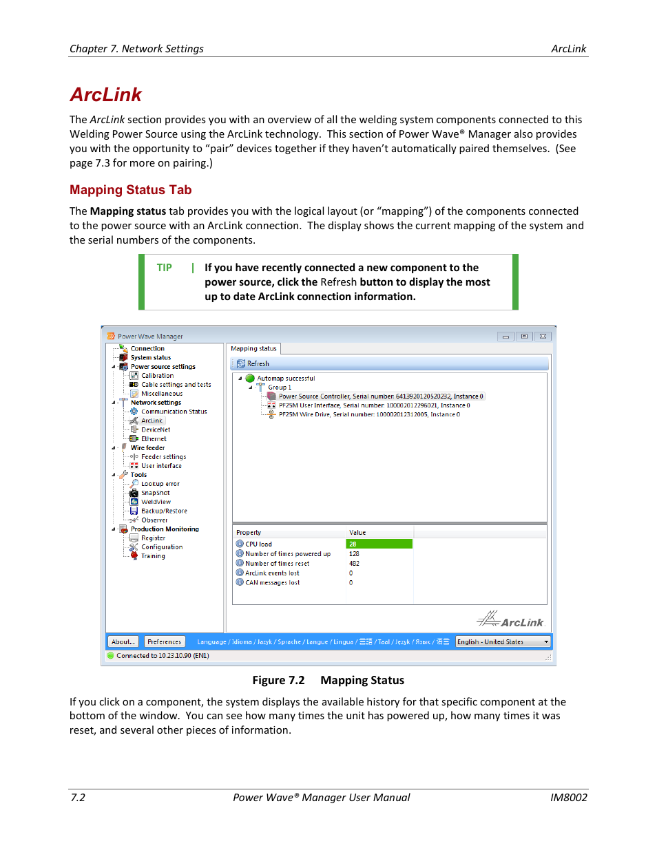 Arclink, Mapping status tab | Lincoln Electric IM8002 POWER WAVE MANAGER User Manual | Page 44 / 128