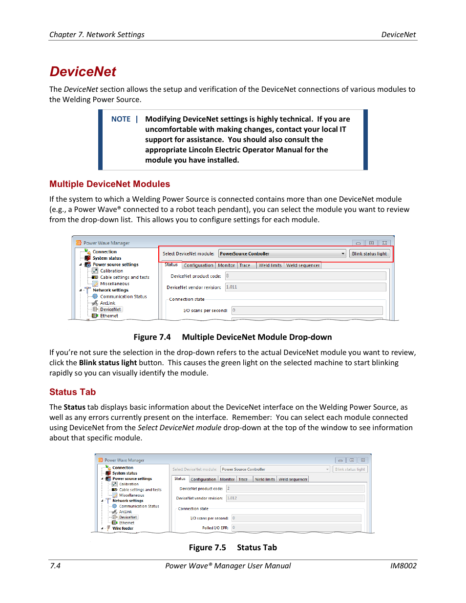 Devicenet, Multiple devicenet modules status tab | Lincoln Electric IM8002 POWER WAVE MANAGER User Manual | Page 46 / 128