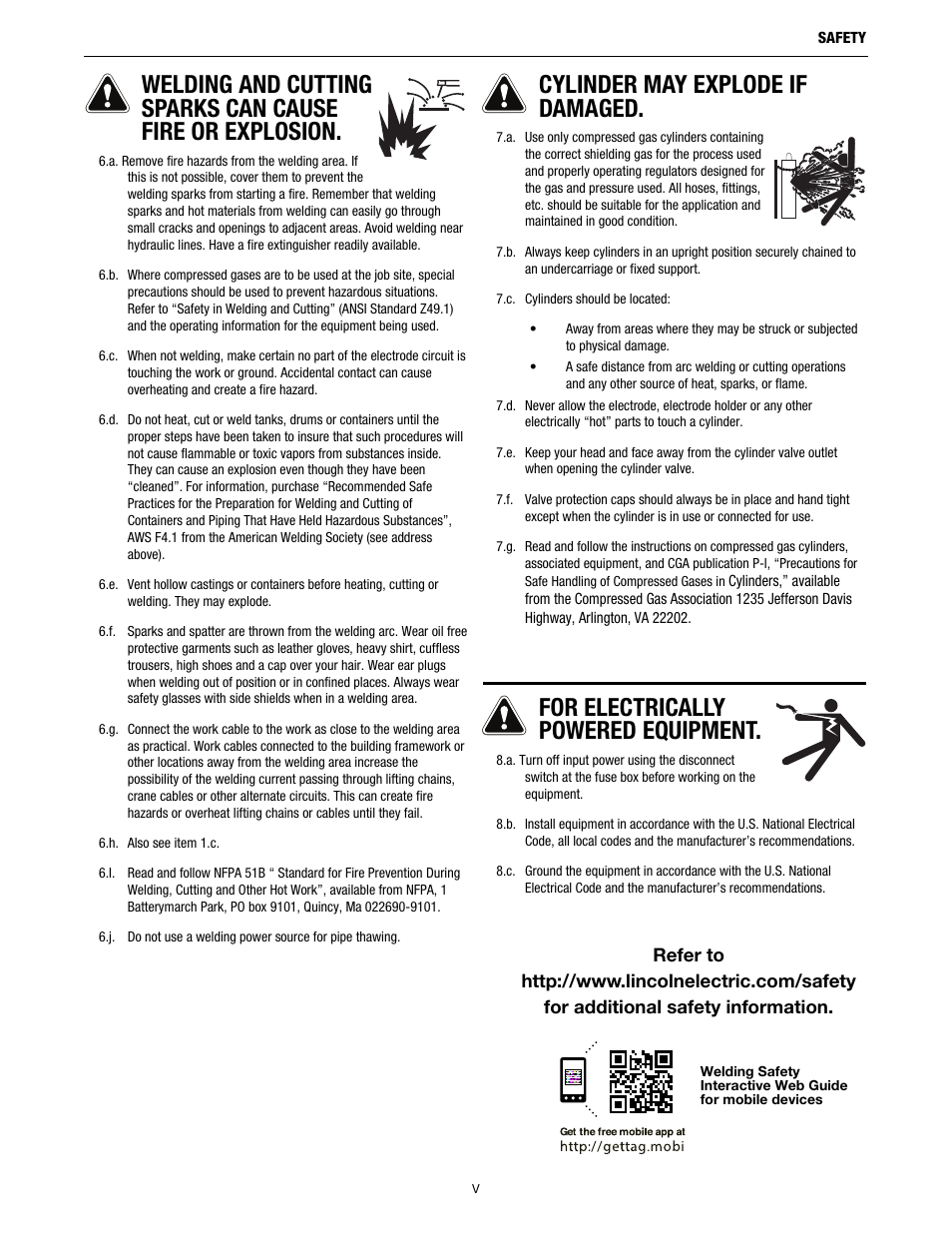 Cylinder may explode if damaged, For electrically powered equipment | Lincoln Electric IM8002 POWER WAVE MANAGER User Manual | Page 5 / 128