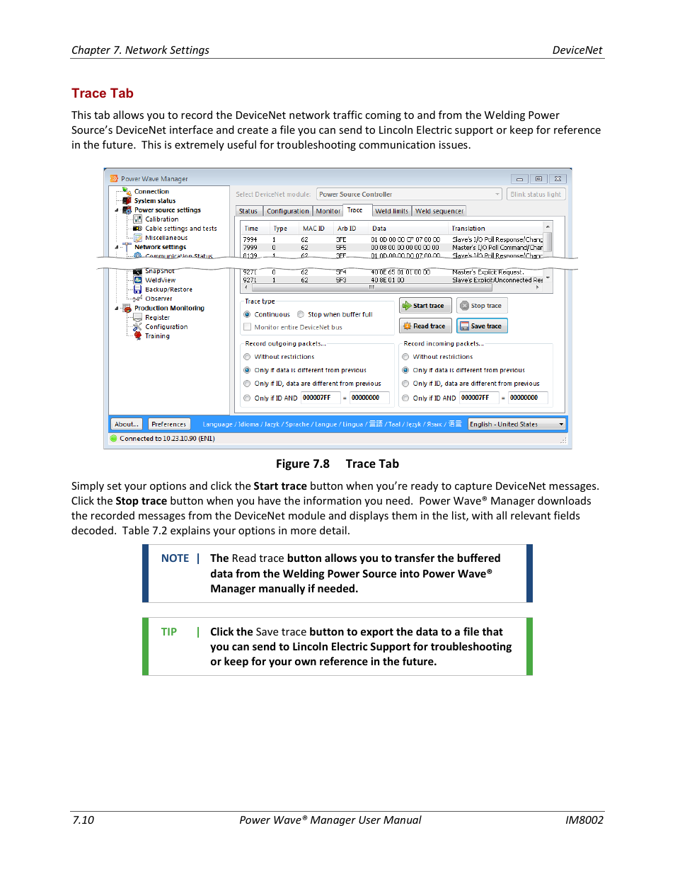 Trace tab | Lincoln Electric IM8002 POWER WAVE MANAGER User Manual | Page 52 / 128