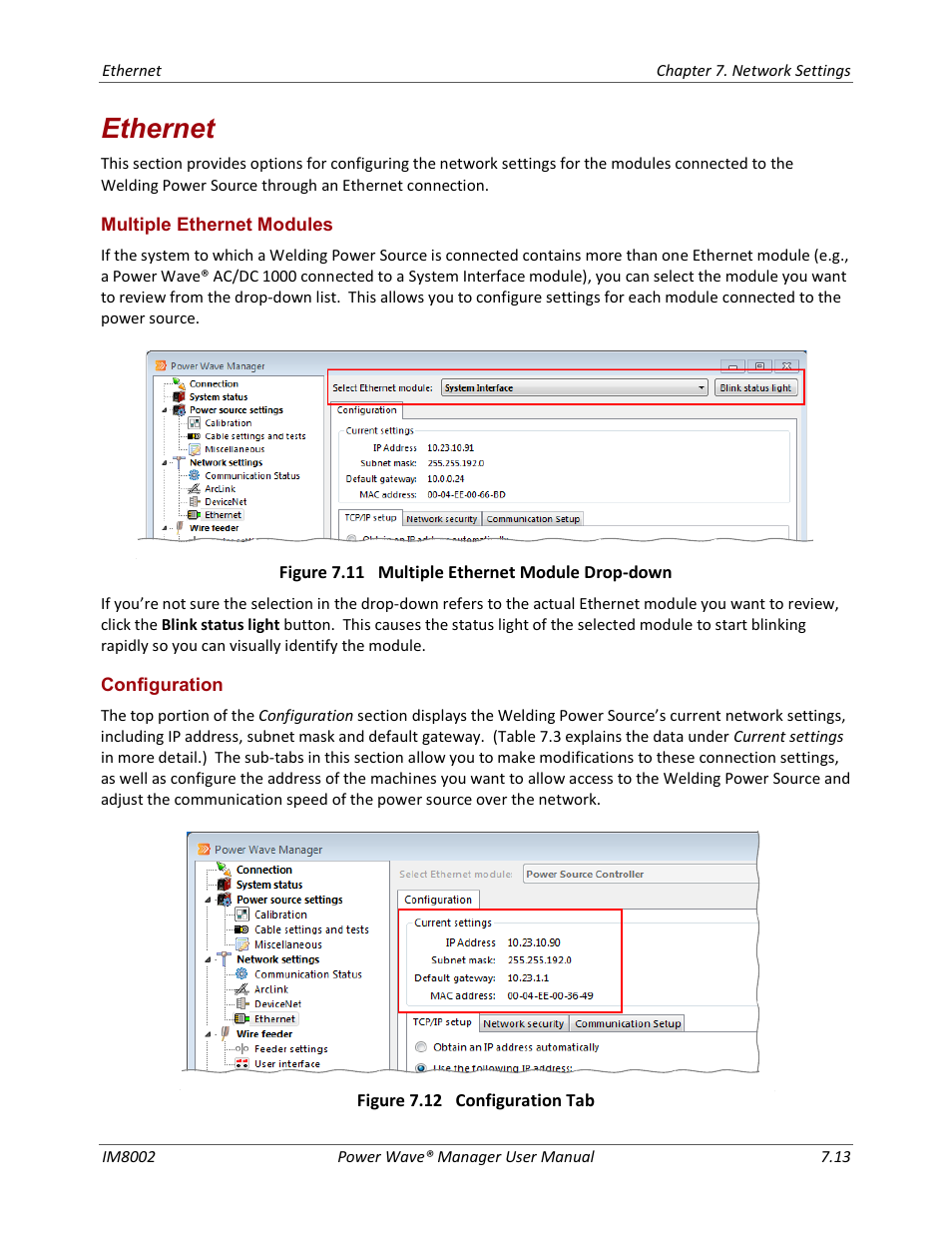 Ethernet, Multiple ethernet modules configuration | Lincoln Electric IM8002 POWER WAVE MANAGER User Manual | Page 55 / 128