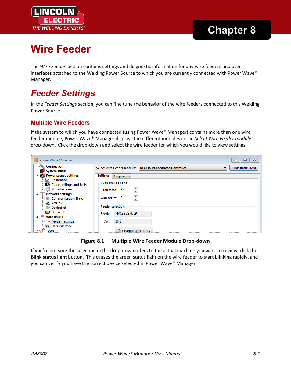 Wire feeder, Feeder settings, Multiple wire feeders | Chapter 8 wire feeder | Lincoln Electric IM8002 POWER WAVE MANAGER User Manual | Page 59 / 128