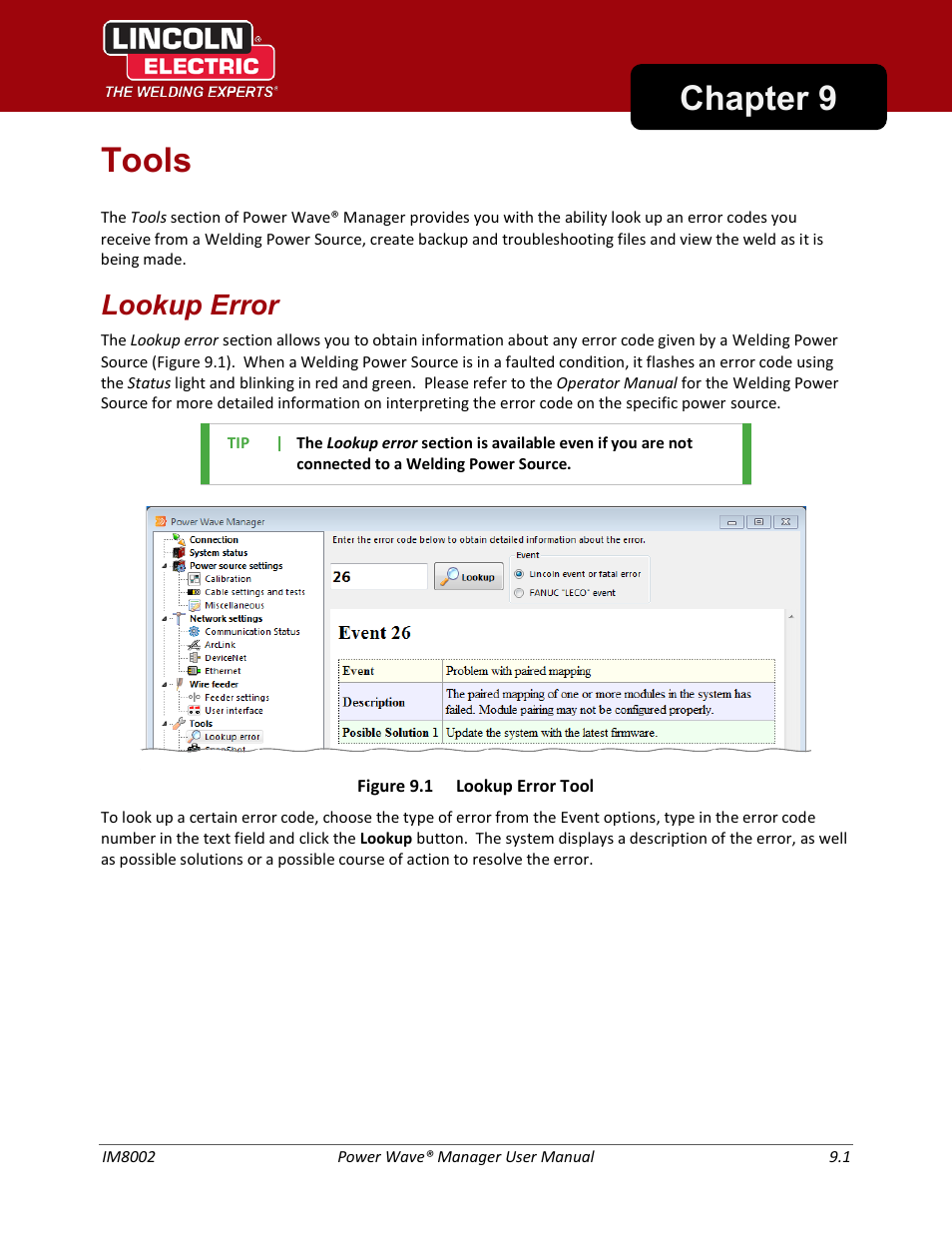 Tools, Lookup error, Chapter 9 tools | Lincoln Electric IM8002 POWER WAVE MANAGER User Manual | Page 67 / 128