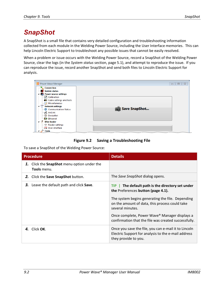 Snapshot, Ge 9.2 | Lincoln Electric IM8002 POWER WAVE MANAGER User Manual | Page 68 / 128