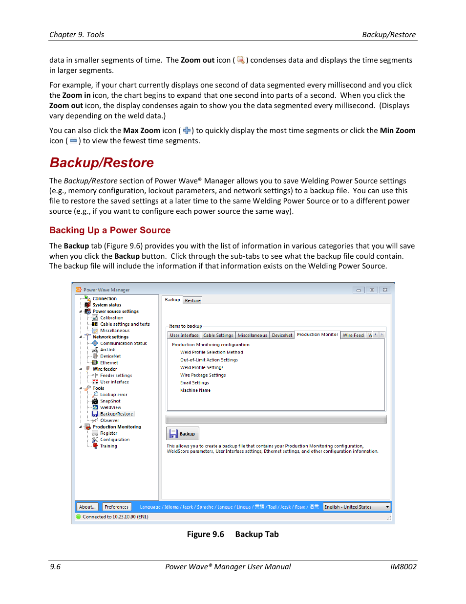 Backup/restore, Backing up a power source | Lincoln Electric IM8002 POWER WAVE MANAGER User Manual | Page 72 / 128