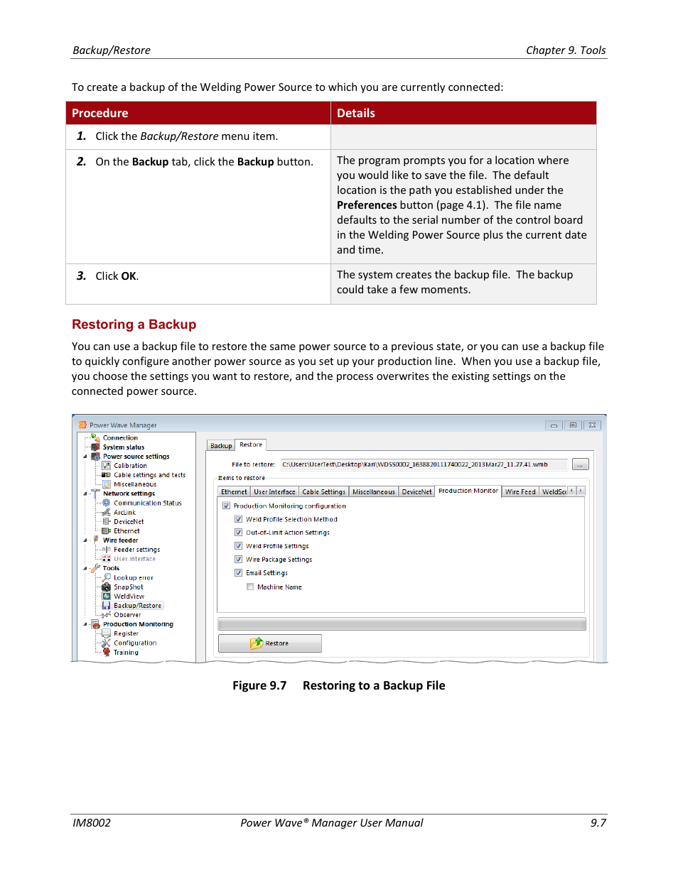 Restoring a backup | Lincoln Electric IM8002 POWER WAVE MANAGER User Manual | Page 73 / 128