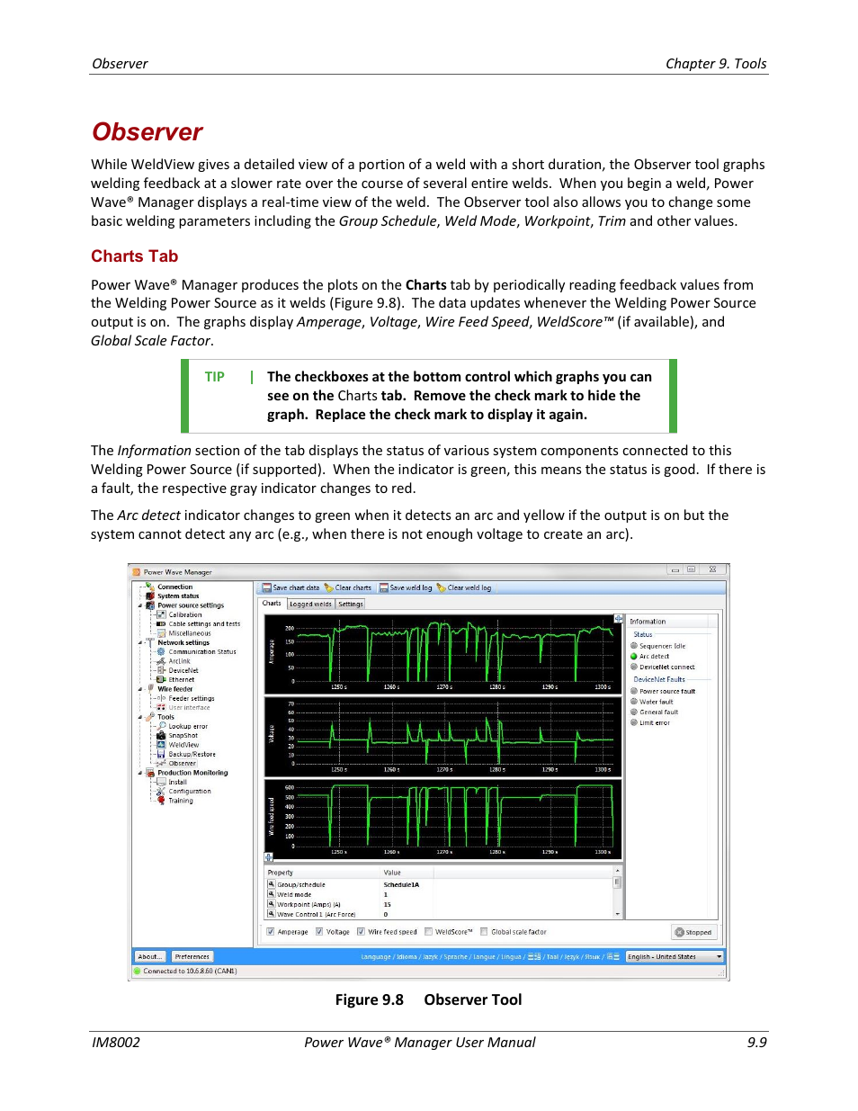 Observer, Charts tab | Lincoln Electric IM8002 POWER WAVE MANAGER User Manual | Page 75 / 128