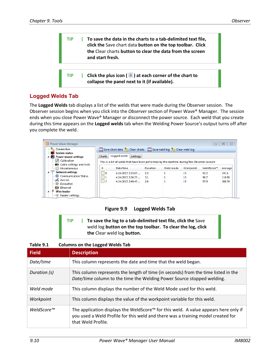 Logged welds tab | Lincoln Electric IM8002 POWER WAVE MANAGER User Manual | Page 76 / 128