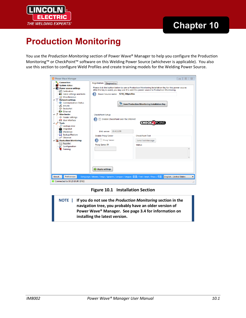 Production monitoring, Chapter 10 production monitoring | Lincoln Electric IM8002 POWER WAVE MANAGER User Manual | Page 79 / 128