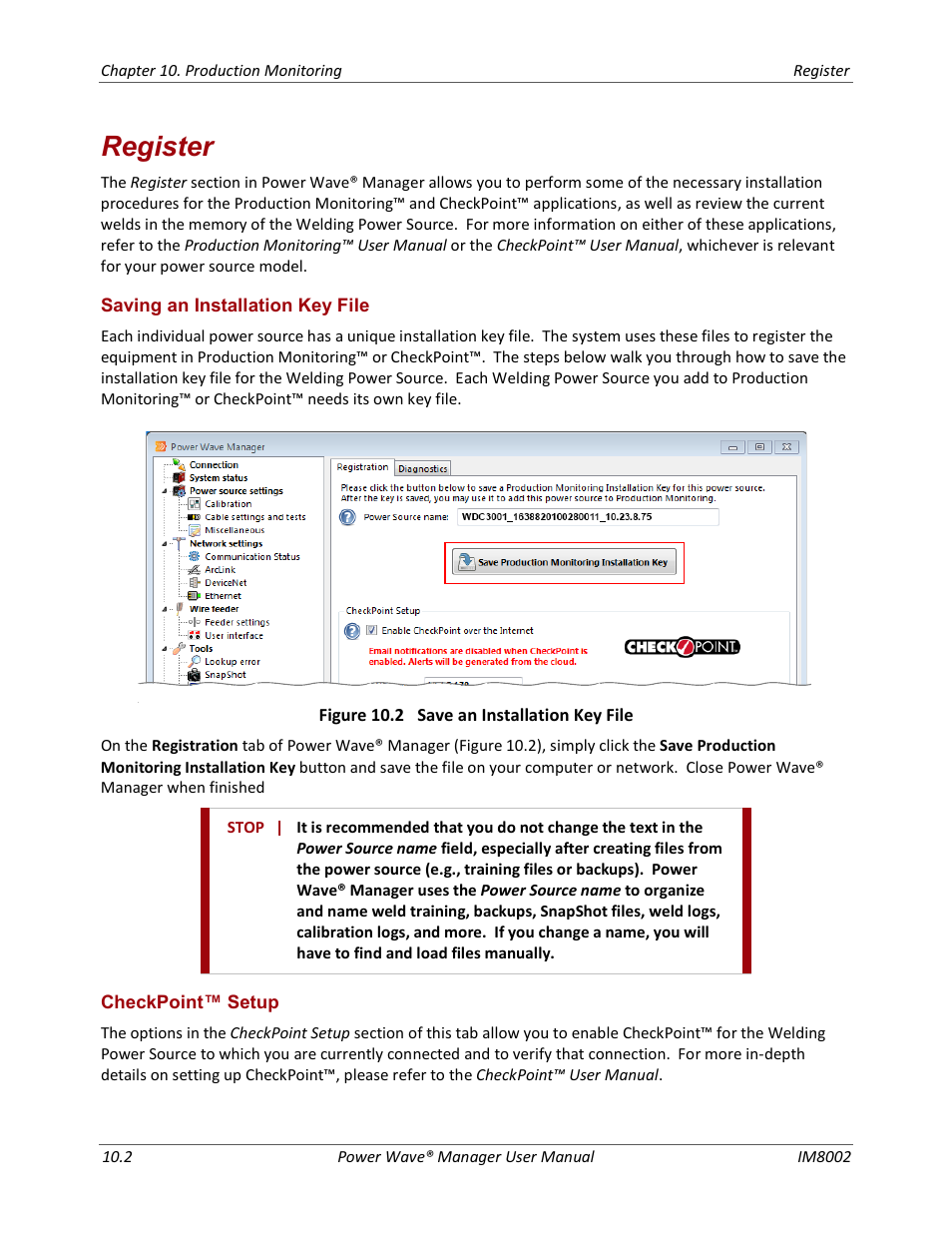 Register, Saving an installation key file checkpoint™ setup | Lincoln Electric IM8002 POWER WAVE MANAGER User Manual | Page 80 / 128