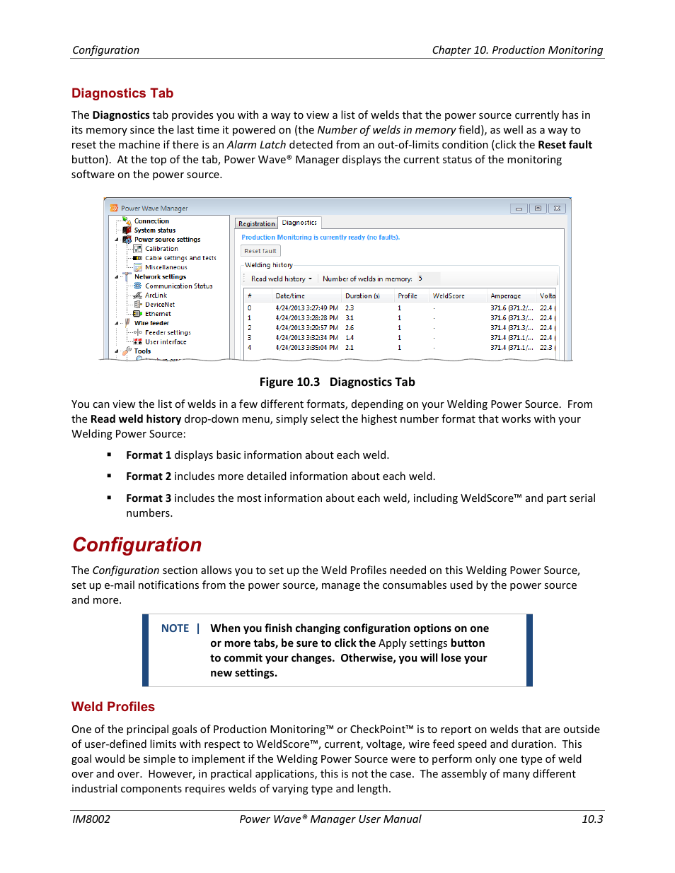 Diagnostics tab, Configuration, Weld profiles | Lincoln Electric IM8002 POWER WAVE MANAGER User Manual | Page 81 / 128