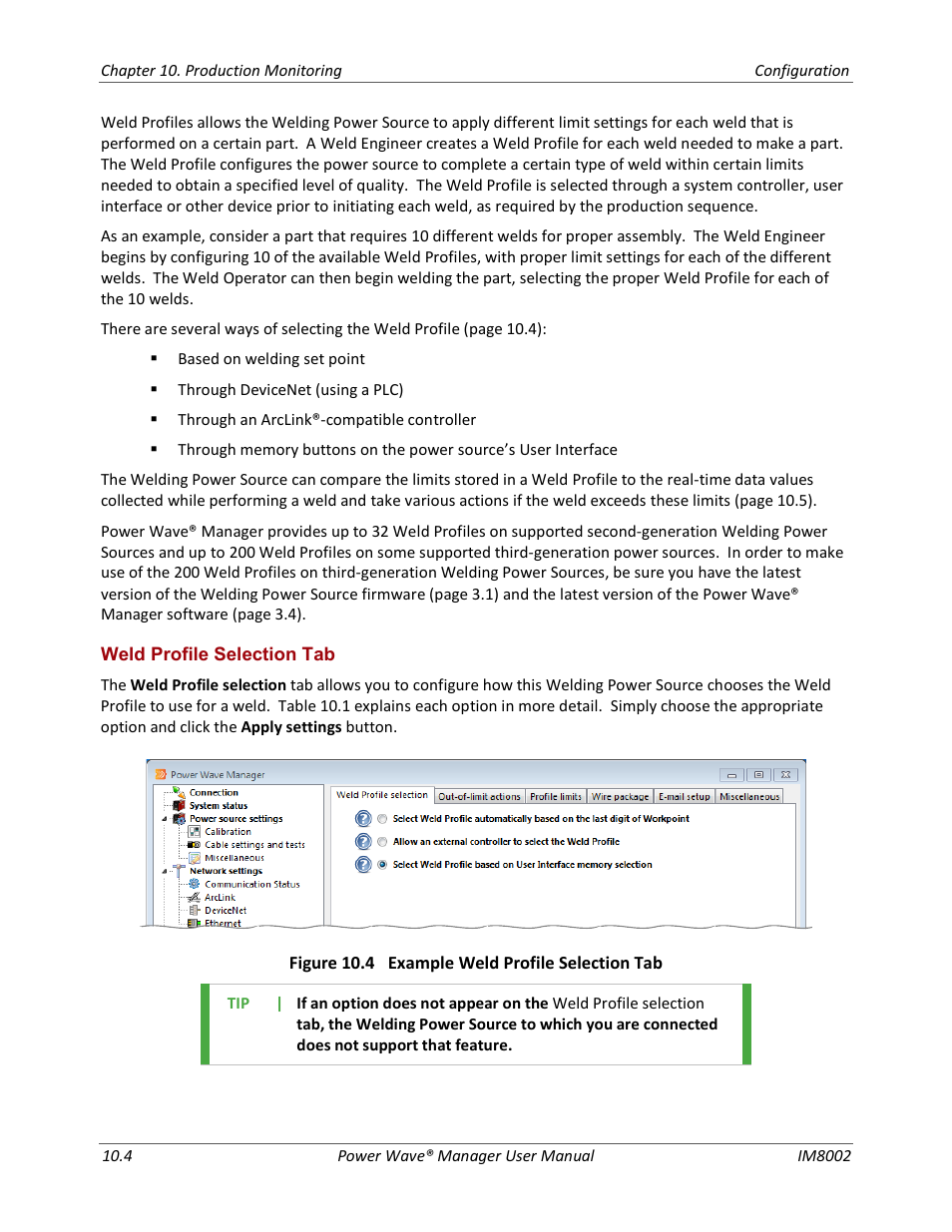 Weld profile selection tab | Lincoln Electric IM8002 POWER WAVE MANAGER User Manual | Page 82 / 128