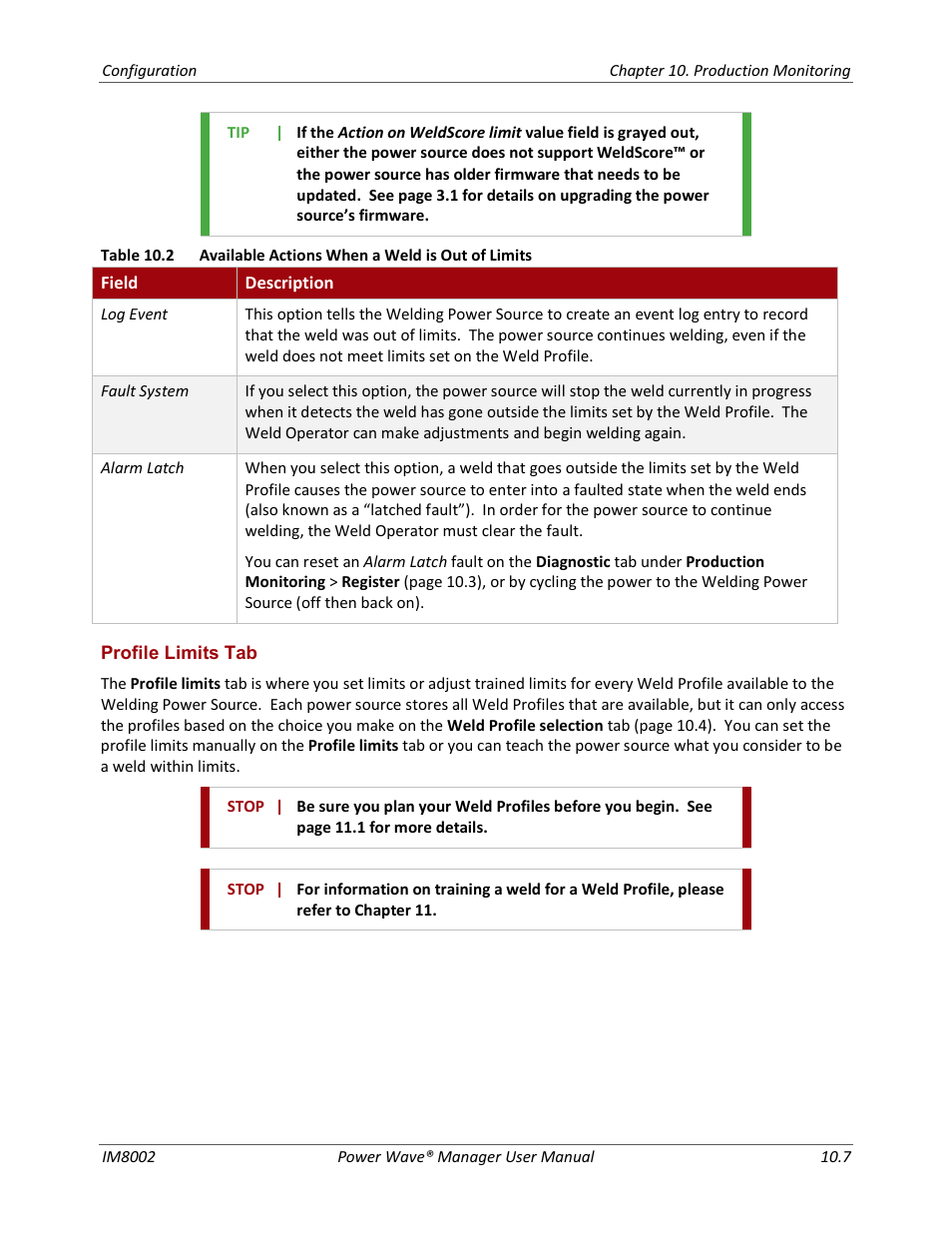 Profile limits tab | Lincoln Electric IM8002 POWER WAVE MANAGER User Manual | Page 85 / 128