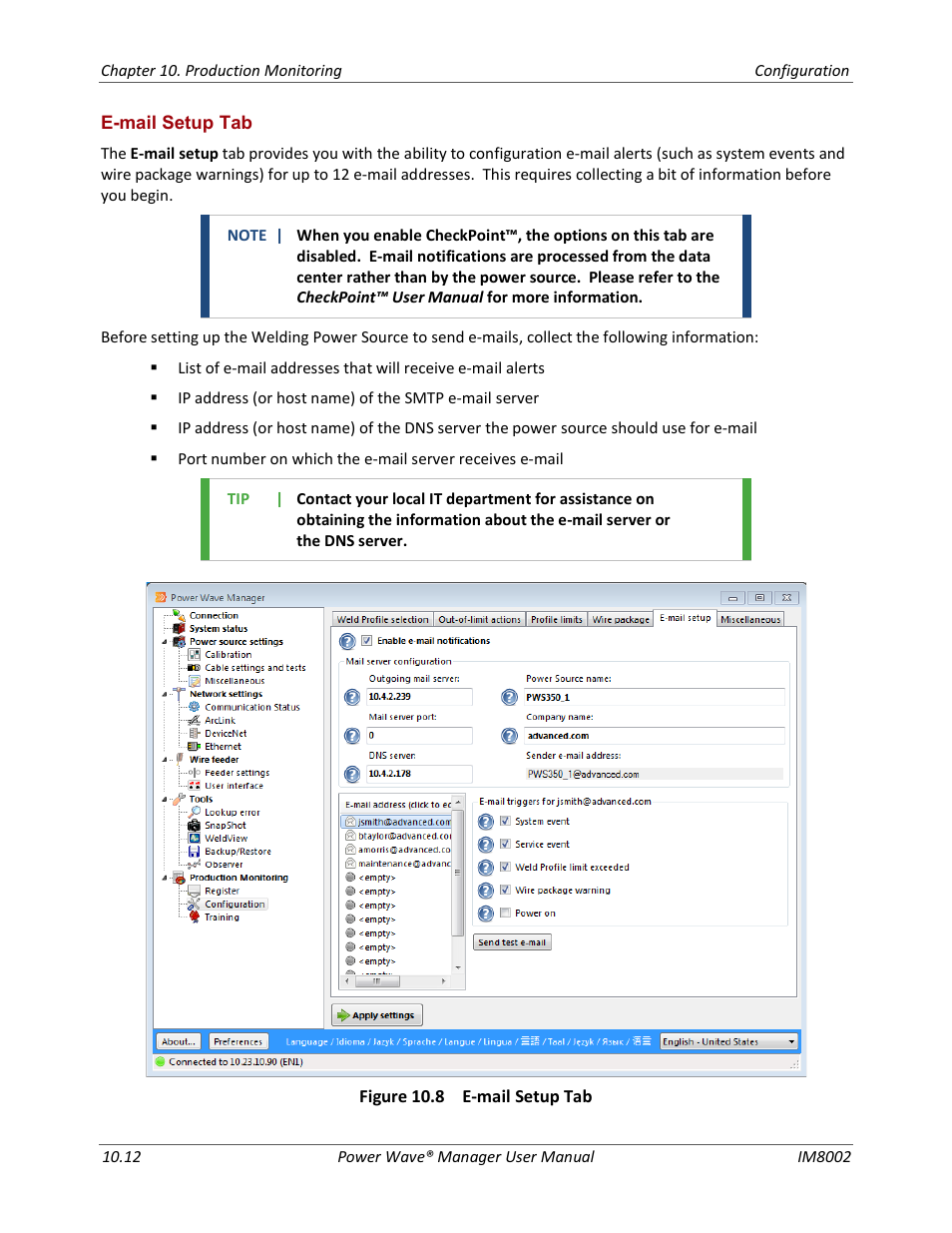 E-mail setup tab | Lincoln Electric IM8002 POWER WAVE MANAGER User Manual | Page 90 / 128