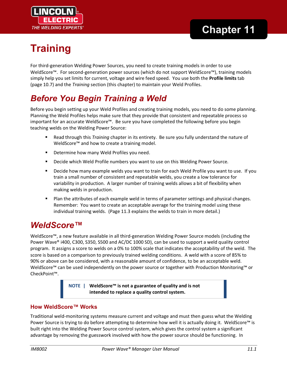 Training, Before you begin training a weld weldscore, How weldscore™ works | Chapter 11, Chapter 11 training, Before you begin training a weld, Weldscore | Lincoln Electric IM8002 POWER WAVE MANAGER User Manual | Page 95 / 128