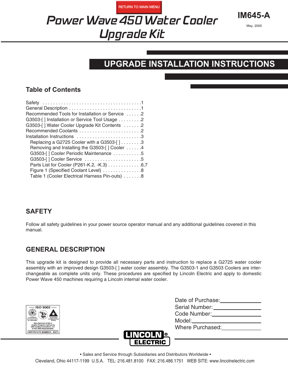 Lincoln Electric IM645 POWER WAVE 450 Water Cooler Upgrade Kit User Manual | 8 pages