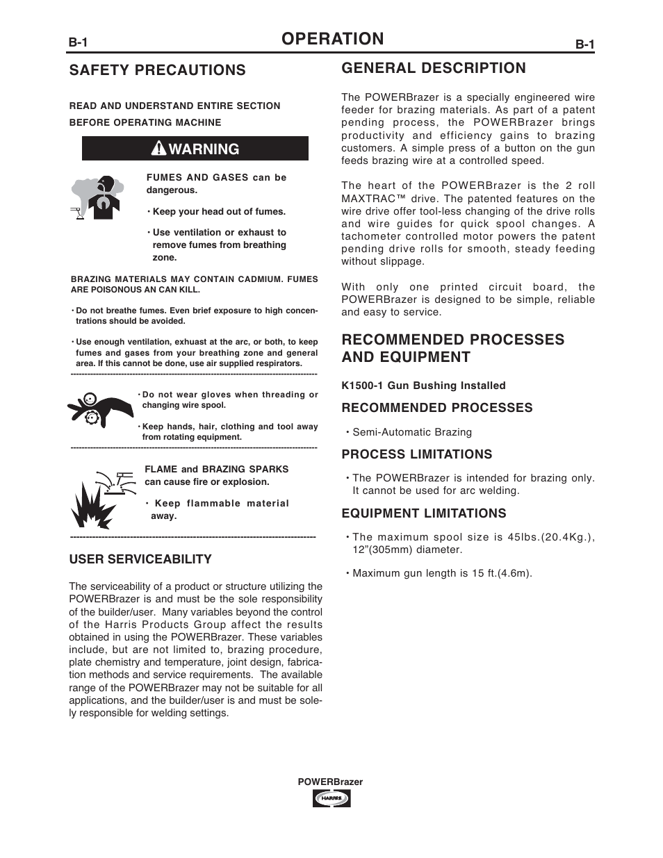 Operation, Warning general description, Recommended processes and equipment | Safety precautions | Lincoln Electric IM987 POWERBrazer User Manual | Page 10 / 24