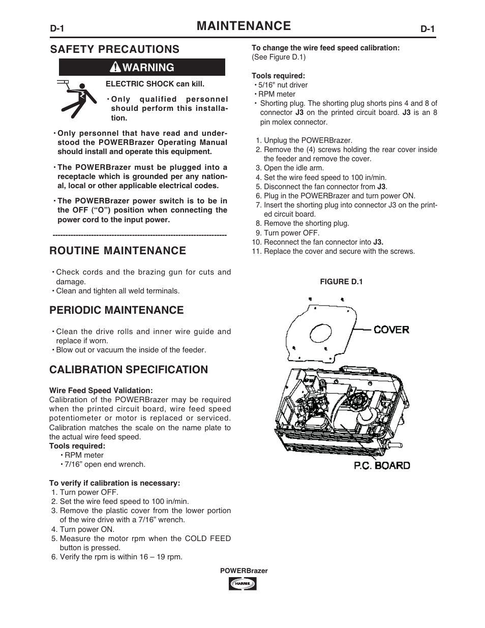 Maintenance, Routine maintenance, Periodic maintenance | Calibration specification, Warning safety precautions | Lincoln Electric IM987 POWERBrazer User Manual | Page 15 / 24