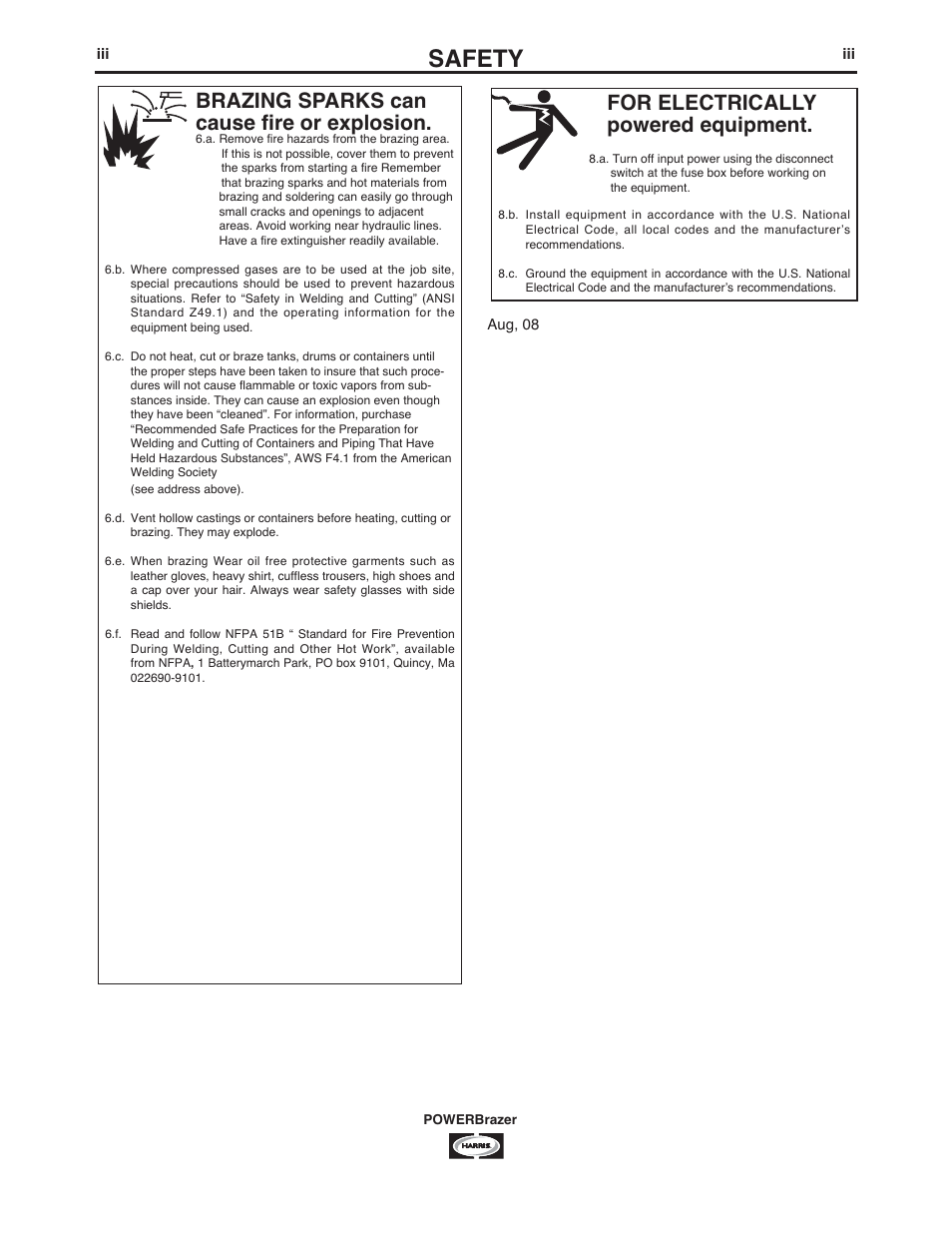 Safety, For electrically powered equipment, Brazing sparks can cause fire or explosion | Lincoln Electric IM987 POWERBrazer User Manual | Page 4 / 24