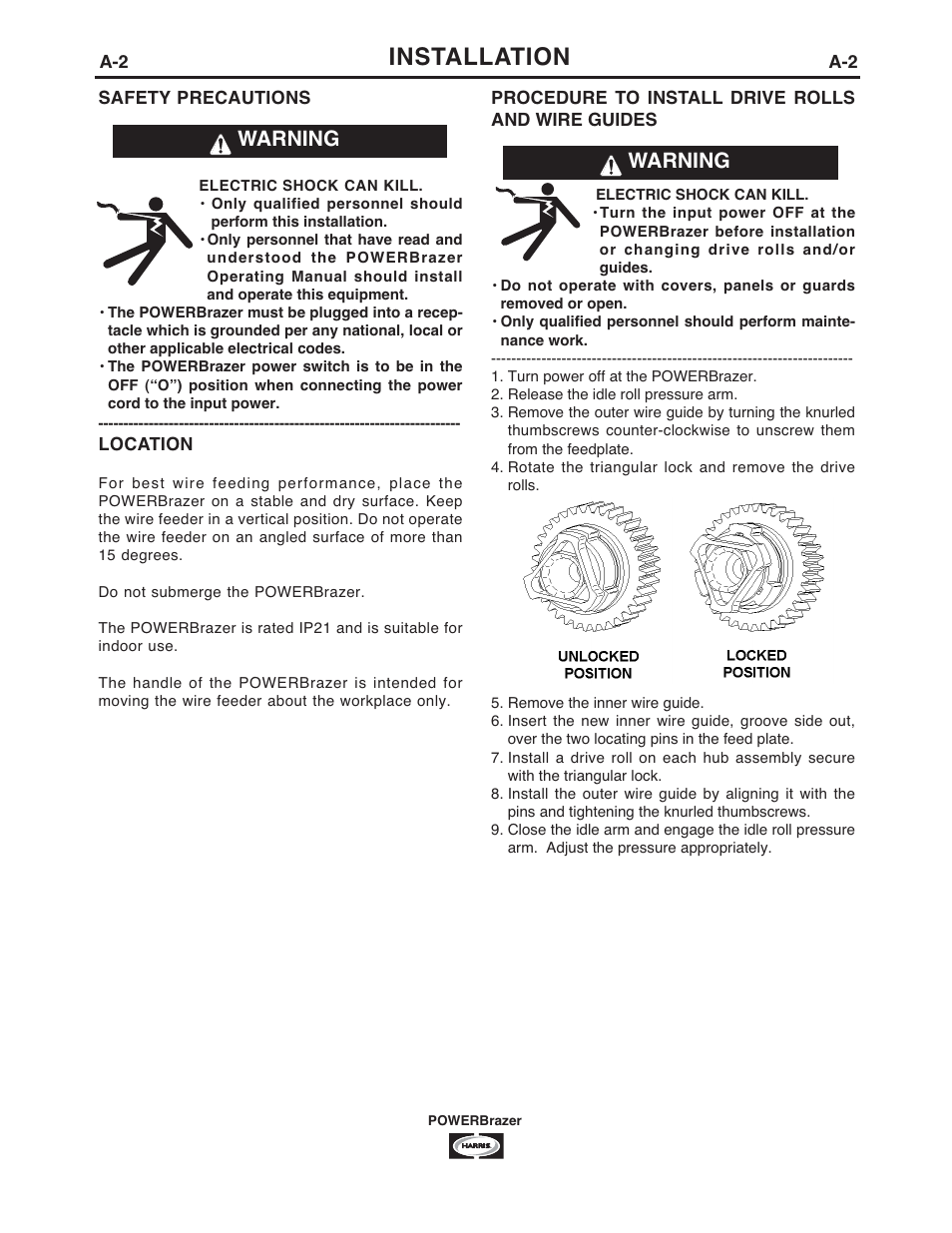 Installation, Warning | Lincoln Electric IM987 POWERBrazer User Manual | Page 9 / 24