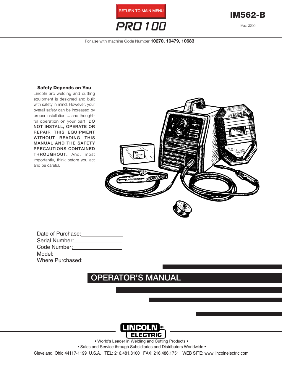 Lincoln Electric IM562 PRO 100 User Manual | 47 pages