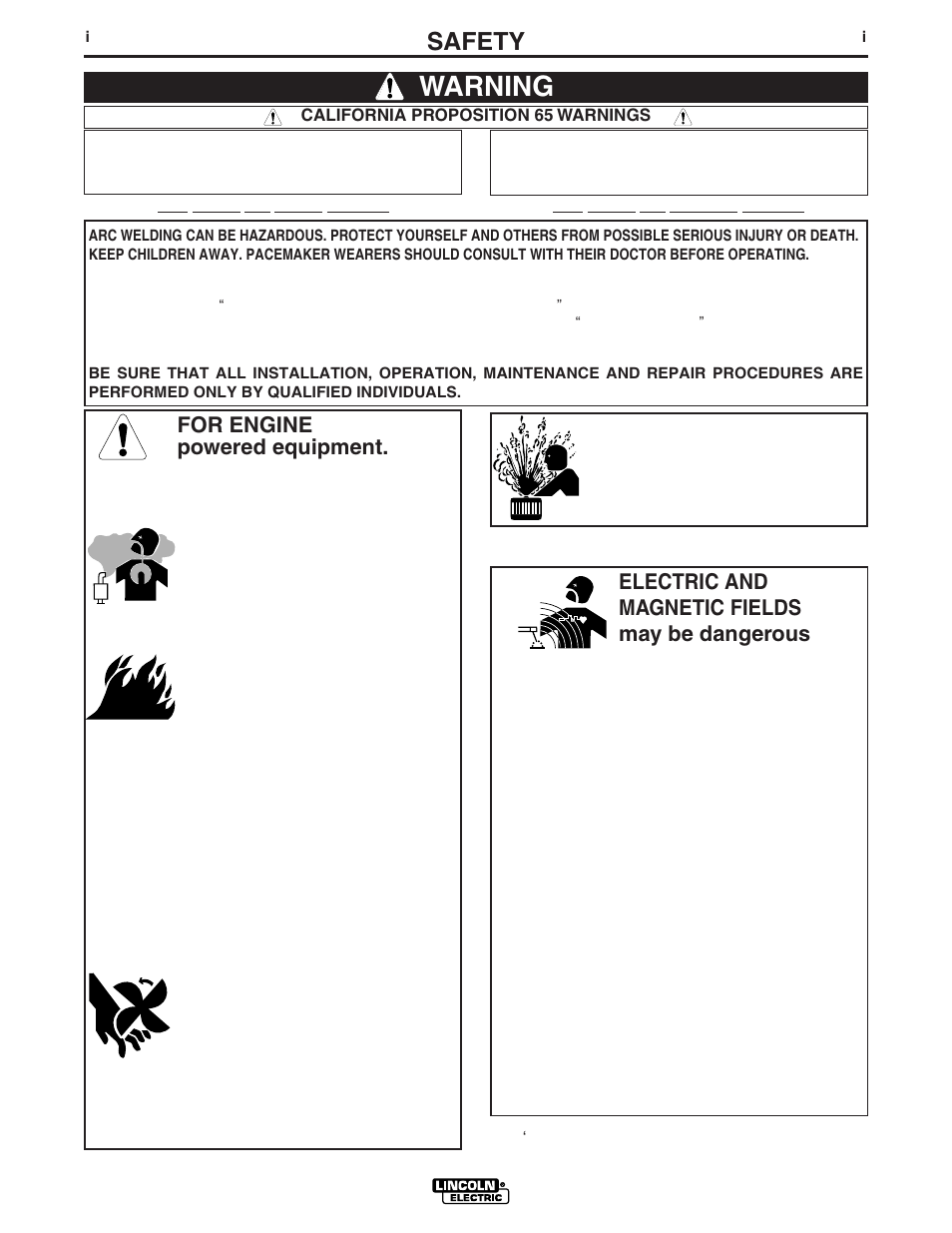 Warning, Safety, For engine powered equipment | Electric and magnetic fields may be dangerous | Lincoln Electric IM562 PRO 100 User Manual | Page 2 / 47