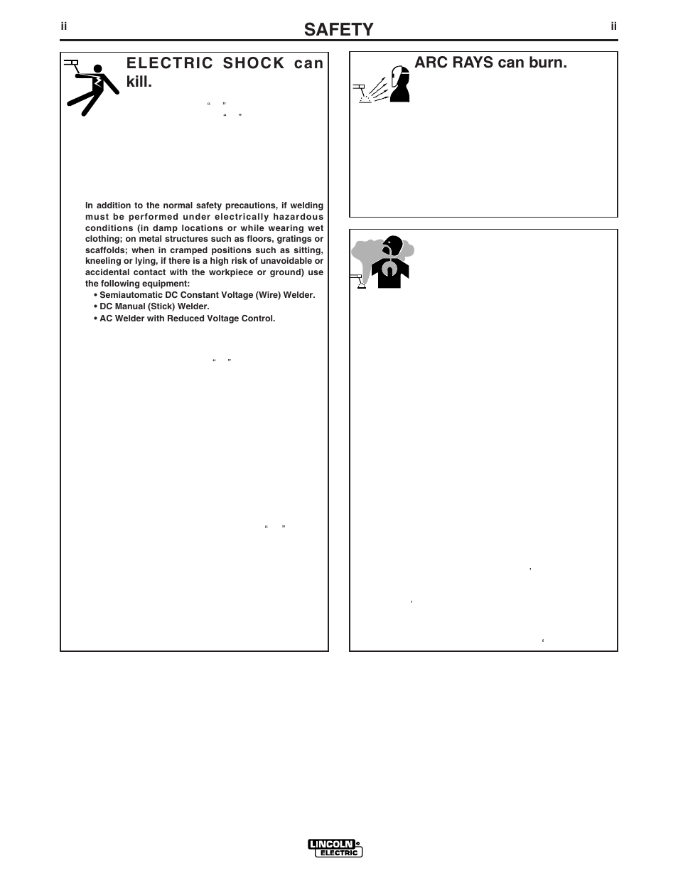 Safety, Arc rays can burn, Electric shock can kill | Fumes and gases can be dangerous | Lincoln Electric IM562 PRO 100 User Manual | Page 3 / 47