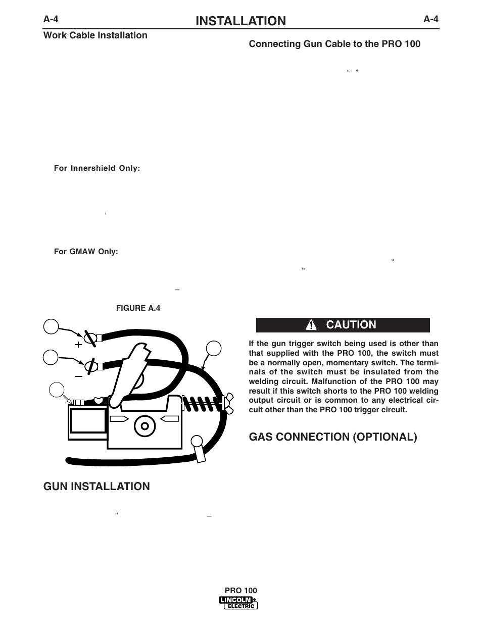 Installation, Gas connection (optional), Gun installation | Caution | Lincoln Electric IM784 PRO 100 User Manual | Page 11 / 35