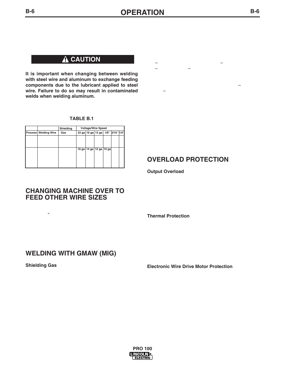 Operation, Changing machine over to feed other wire sizes, Welding with gmaw (mig) | Overload protection, Caution | Lincoln Electric IM784 PRO 100 User Manual | Page 19 / 35