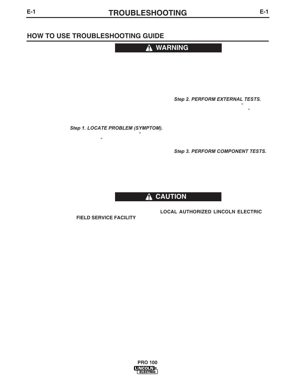 Troubleshooting, How to use troubleshooting guide, Warning | Caution | Lincoln Electric IM784 PRO 100 User Manual | Page 27 / 35