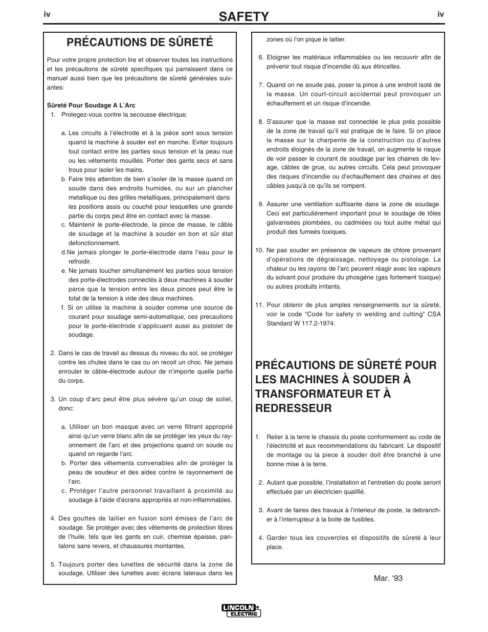 Safety, Précautions de sûreté | Lincoln Electric IM784 PRO 100 User Manual | Page 5 / 35