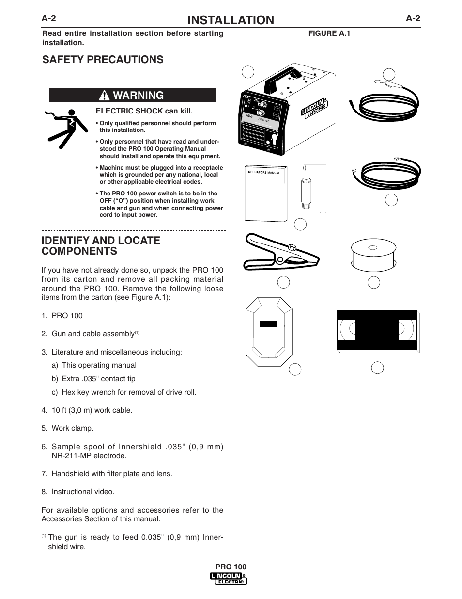 Installation, Safety precautions identify and locate components, Warning | Lincoln Electric IM784 PRO 100 User Manual | Page 9 / 35