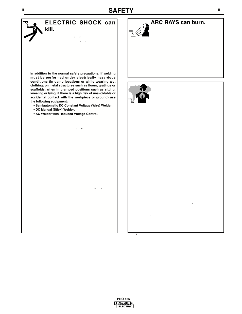 Safety, Arc rays can burn, Electric shock can kill | Fumes and gases can be dangerous | Lincoln Electric IM563 PRO 155 User Manual | Page 3 / 46