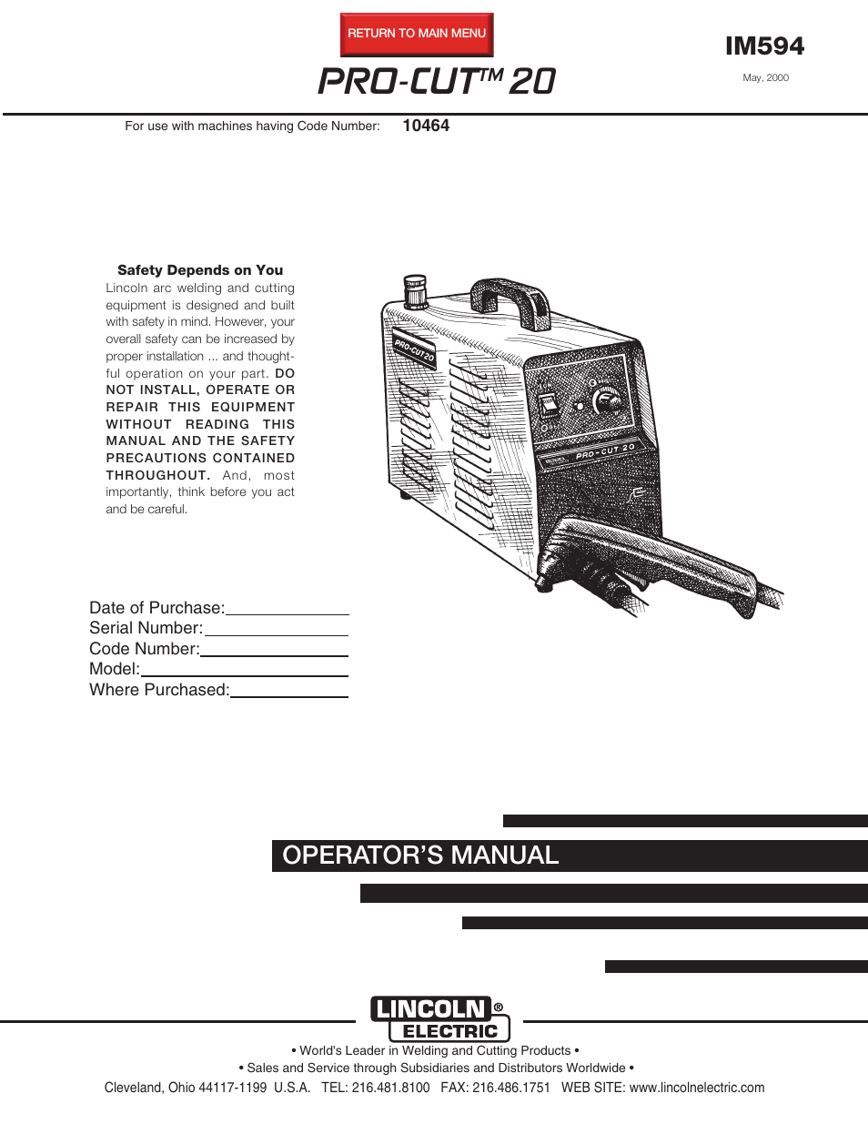 Lincoln Electric IM594 PRO-CUT 20 User Manual | 28 pages