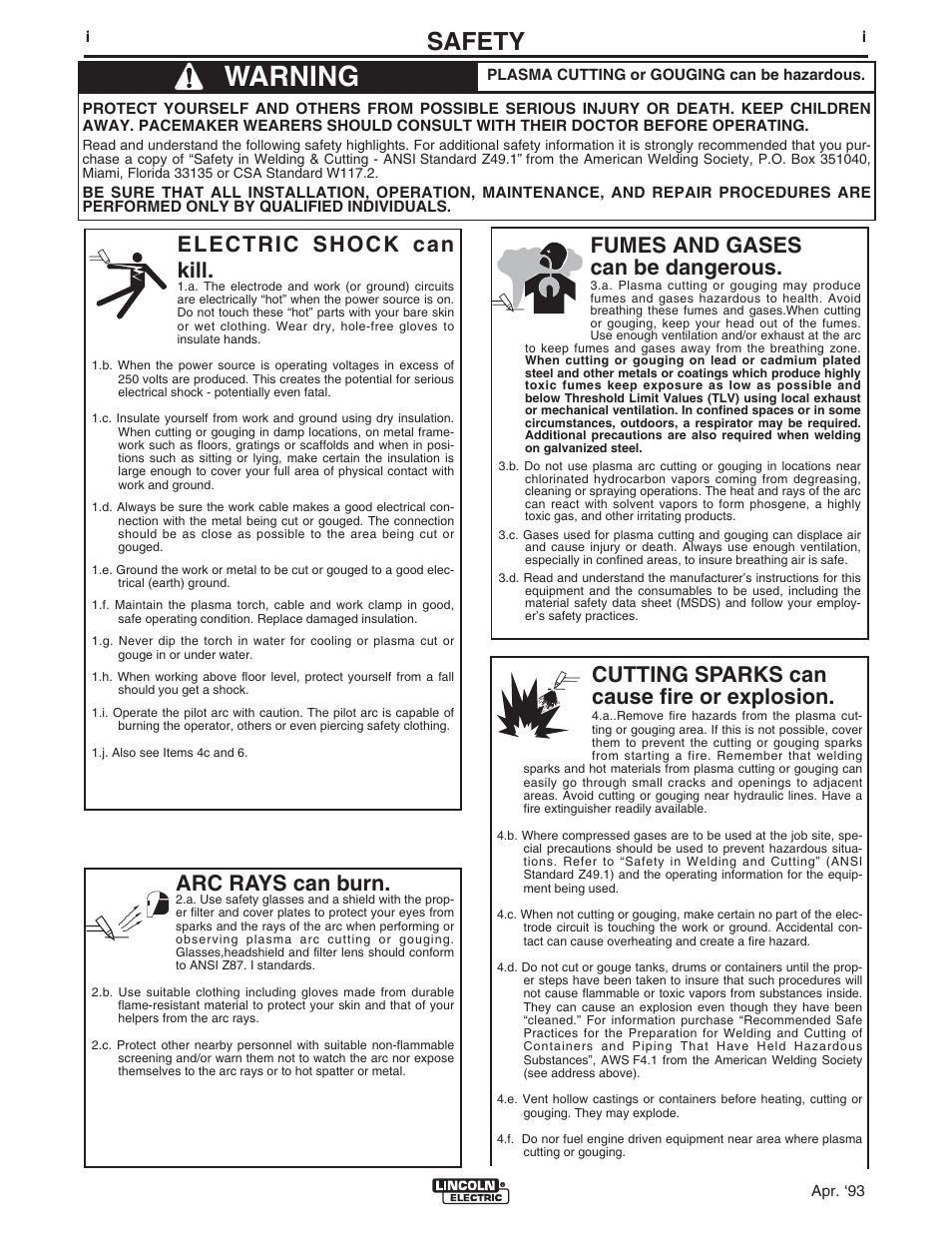 Warning, Safety, Cutting sparks can cause fire or explosion | Arc rays can burn, Electric shock can kill, Fumes and gases can be dangerous | Lincoln Electric IM594 PRO-CUT 20 User Manual | Page 2 / 28