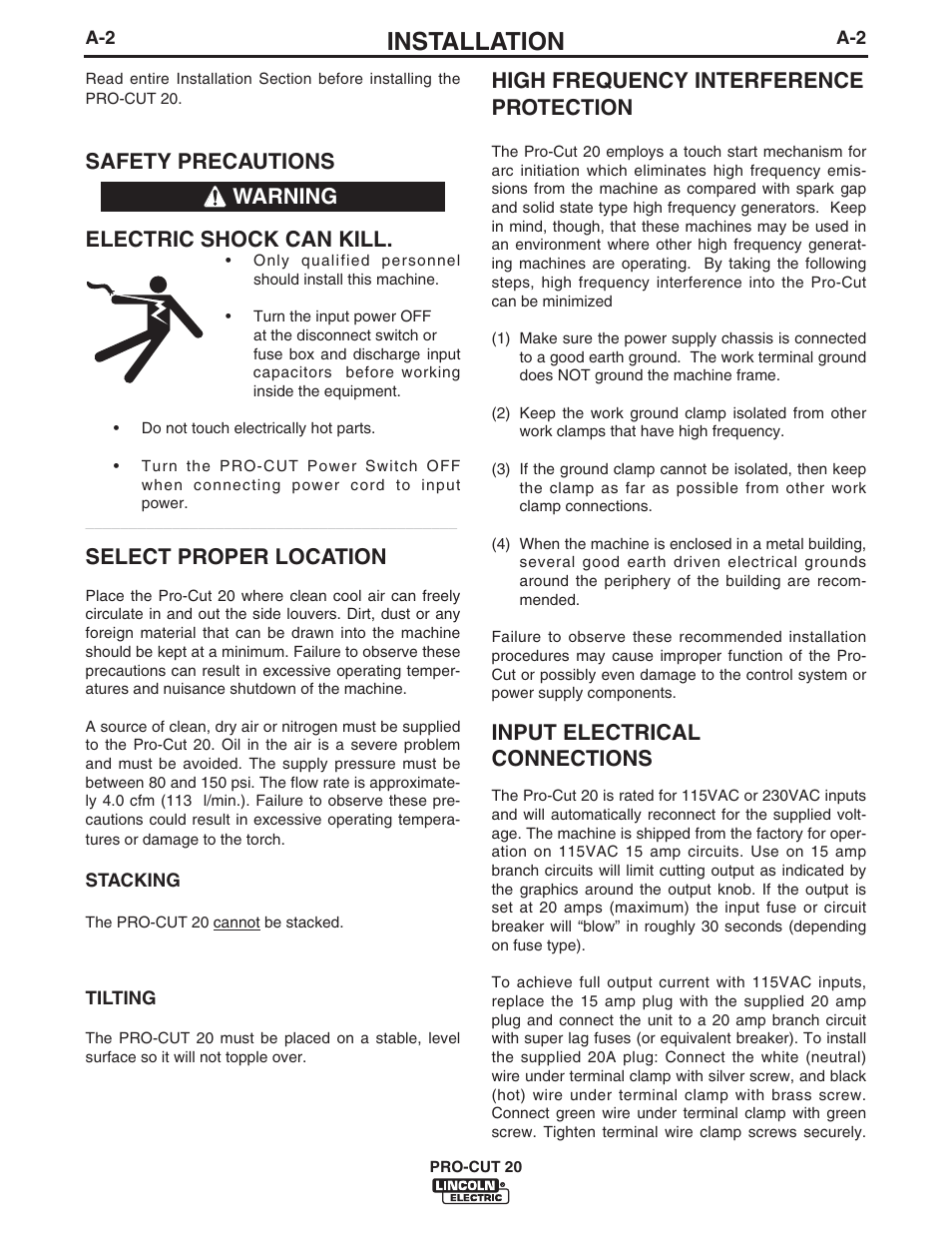 Installation, Safety precautions electric shock can kill, Select proper location | High frequency interference protection, Input electrical connections, Warning | Lincoln Electric IM594 PRO-CUT 20 User Manual | Page 8 / 28