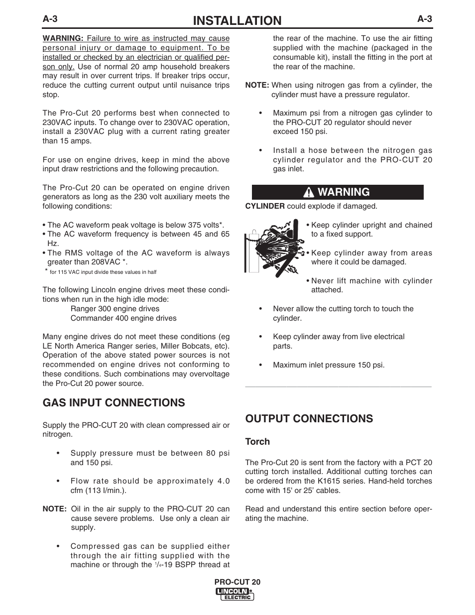 Installation, Gas input connections, Output connections | Warning | Lincoln Electric IM594 PRO-CUT 20 User Manual | Page 9 / 28