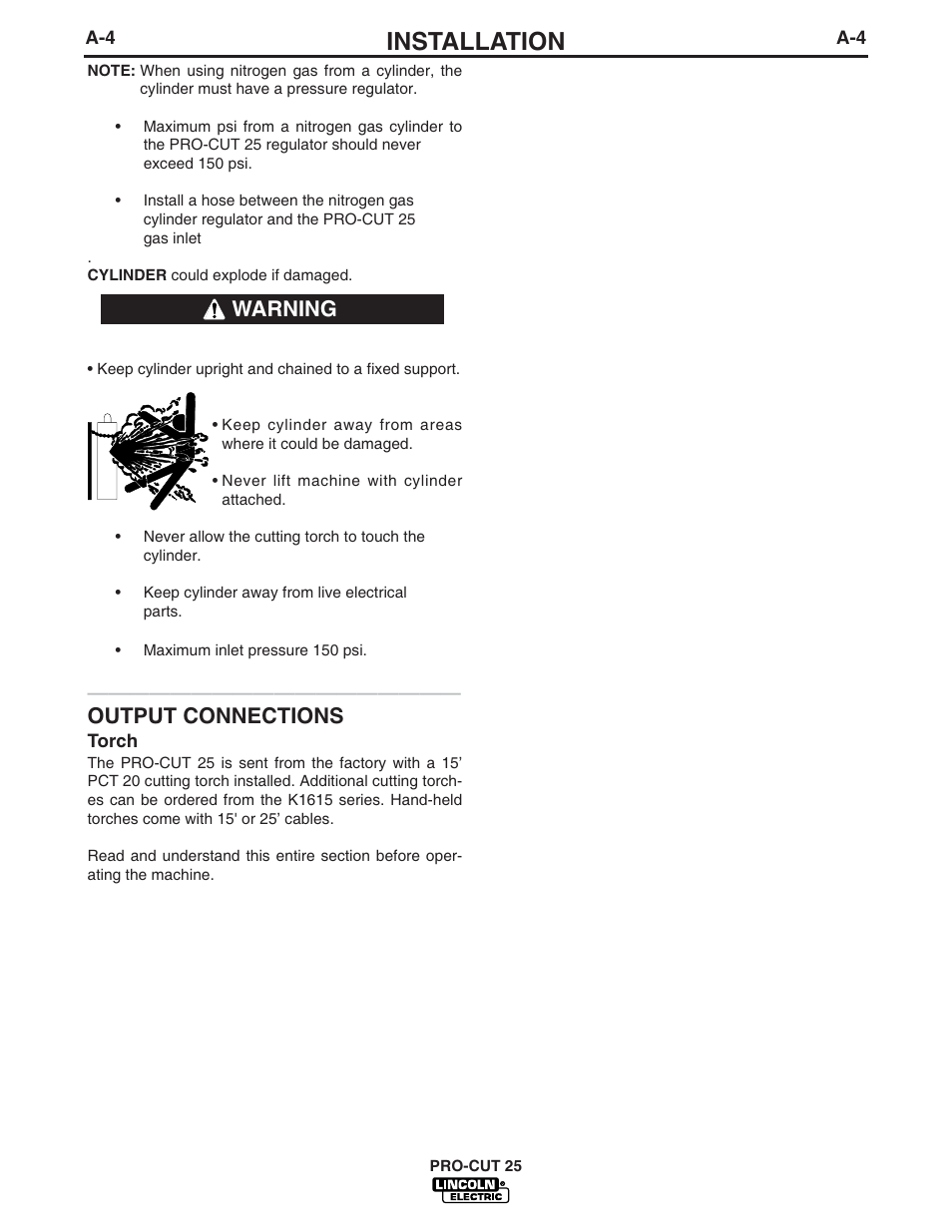 Installation, Output connections, Warning | Lincoln Electric IM665 PRO-CUT 25 User Manual | Page 11 / 29