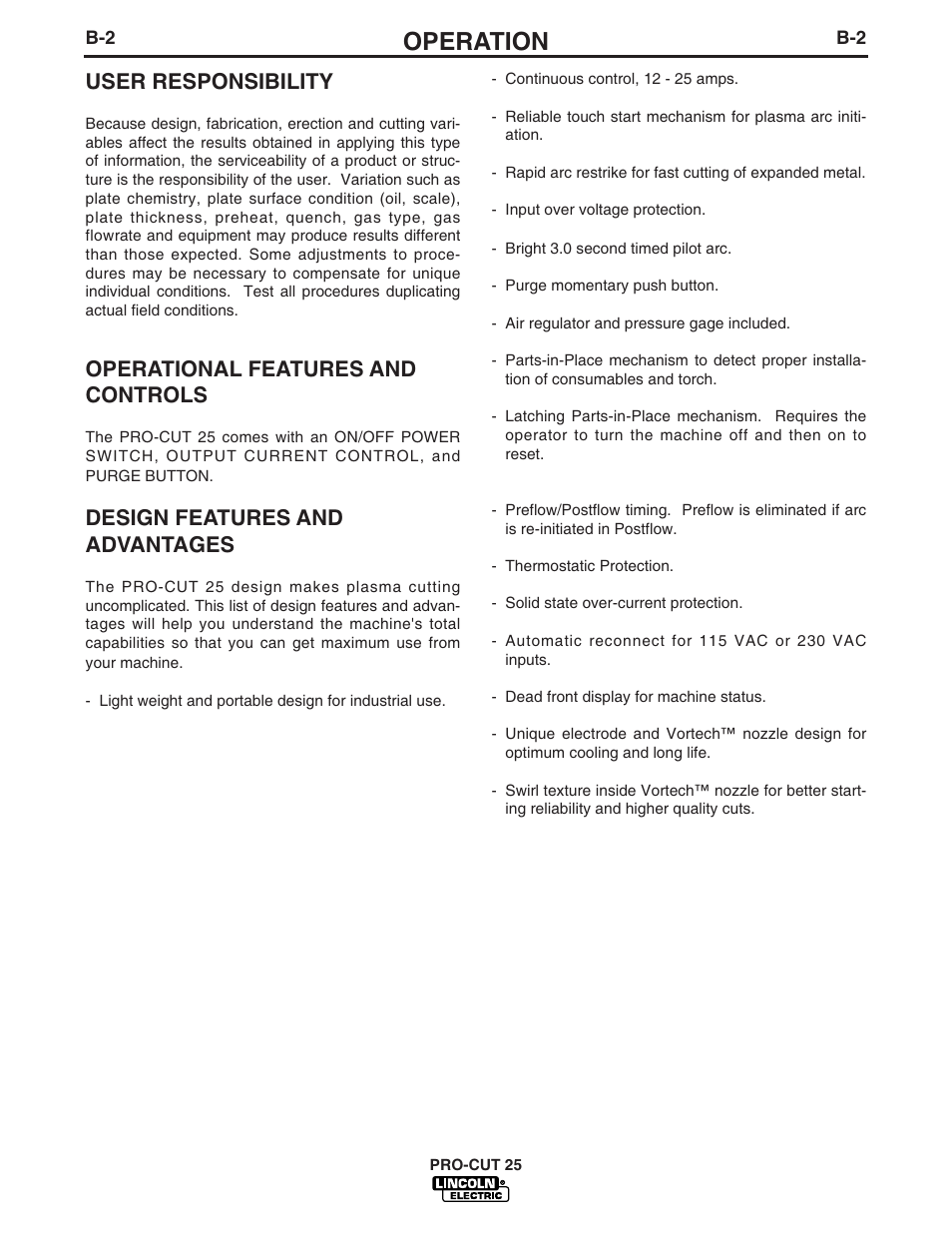 Operation, User responsibility, Operational features and controls | Design features and advantages | Lincoln Electric IM665 PRO-CUT 25 User Manual | Page 13 / 29