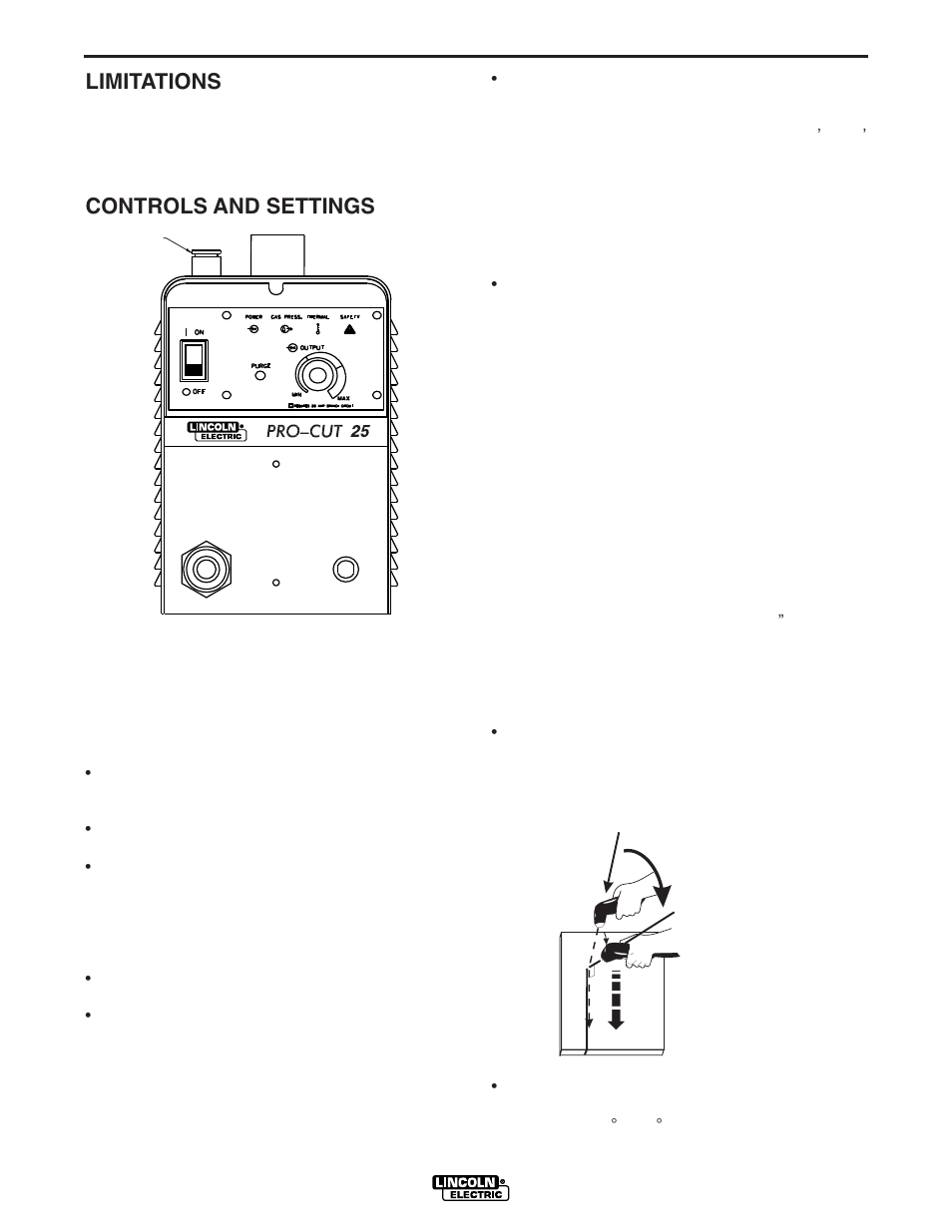 Operation, Limitations, Controls and settings | Lincoln Electric IM665 PRO-CUT 25 User Manual | Page 15 / 29