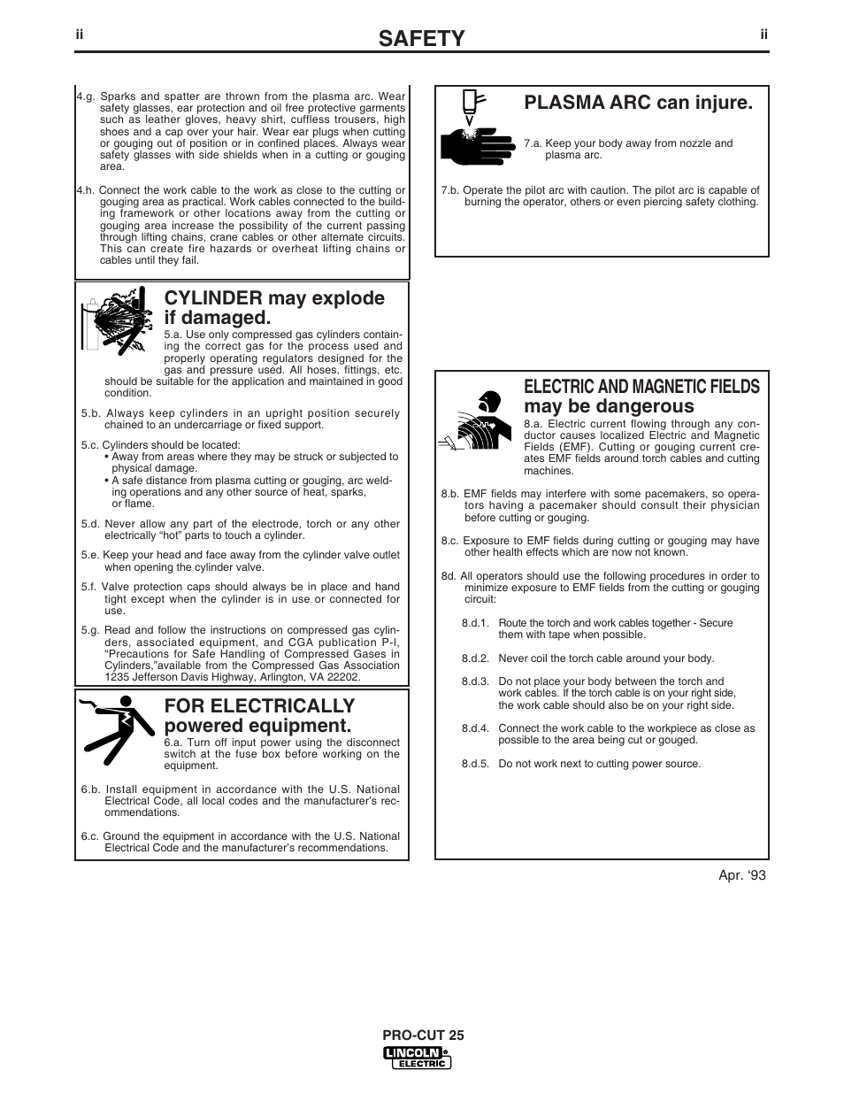 Safety, For electrically powered equipment, Cylinder may explode if damaged | Electric and magnetic fields may be dangerous, Plasma arc can injure | Lincoln Electric IM665 PRO-CUT 25 User Manual | Page 3 / 29