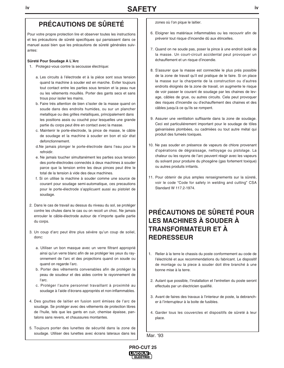 Safety, Précautions de sûreté | Lincoln Electric IM665 PRO-CUT 25 User Manual | Page 5 / 29