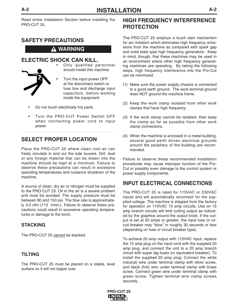 Installation, Safety precautions electric shock can kill, Select proper location | High frequency interference protection, Input electrical connections, Warning | Lincoln Electric IM665 PRO-CUT 25 User Manual | Page 9 / 29