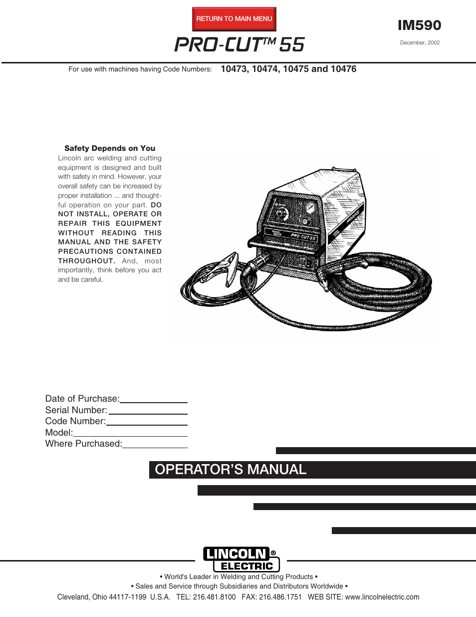 Lincoln Electric IM590 PRO-CUT 55 User Manual | 35 pages